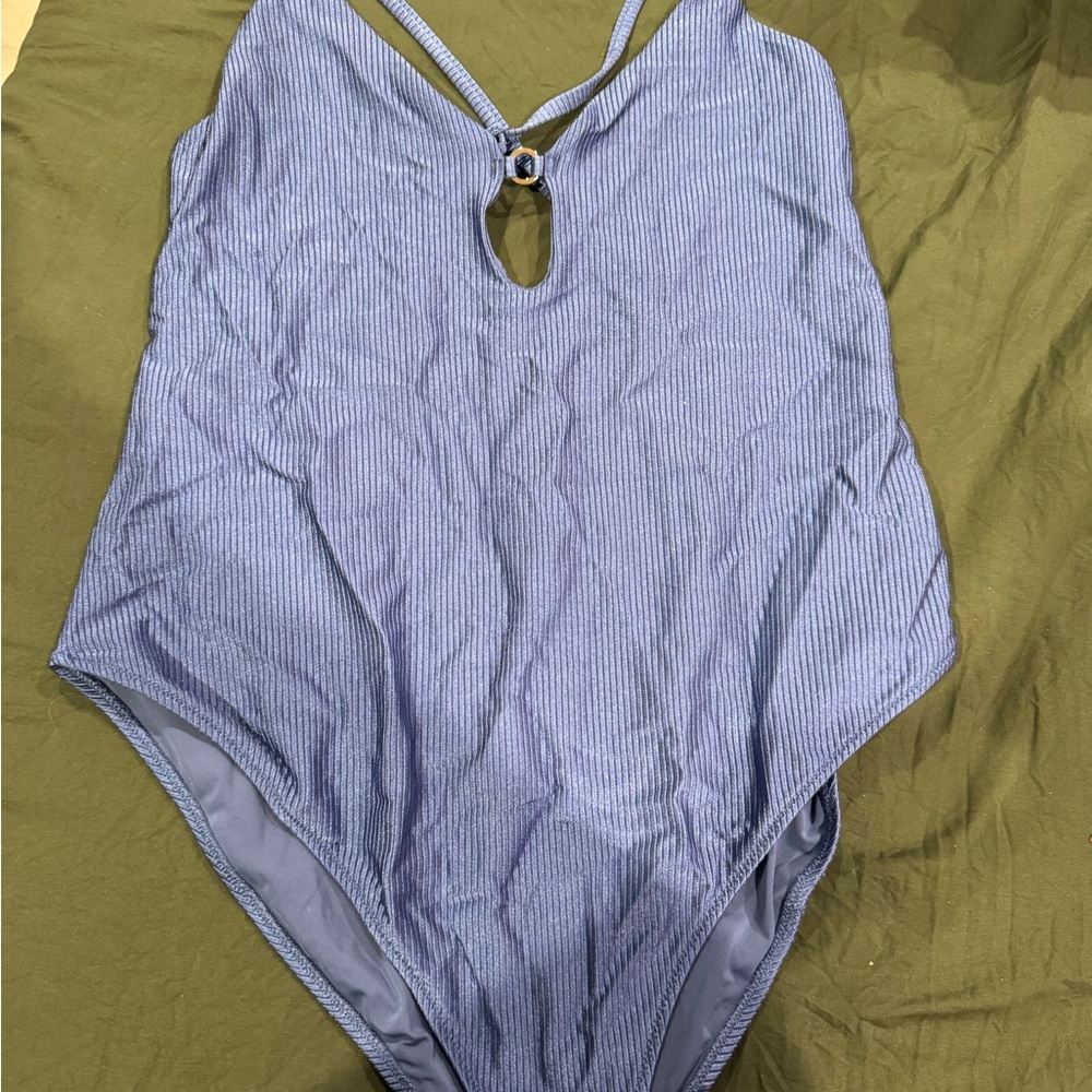 aerie Light Blue One-Piece Ribbed Swimsuit with Keyhole